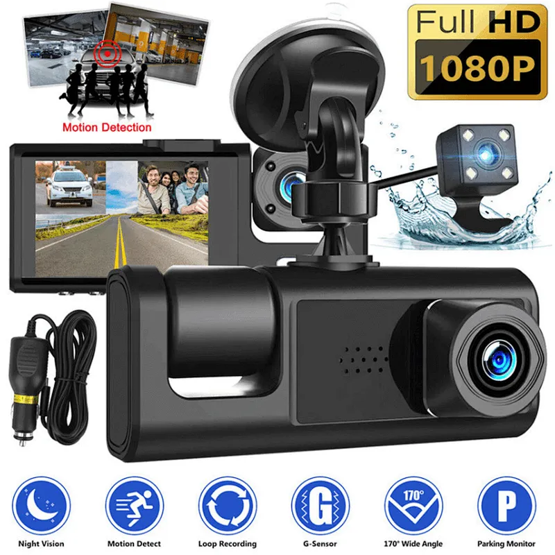 3 Channel 1080P Full HD Automobile Dash Cams Front+iInside+Rear